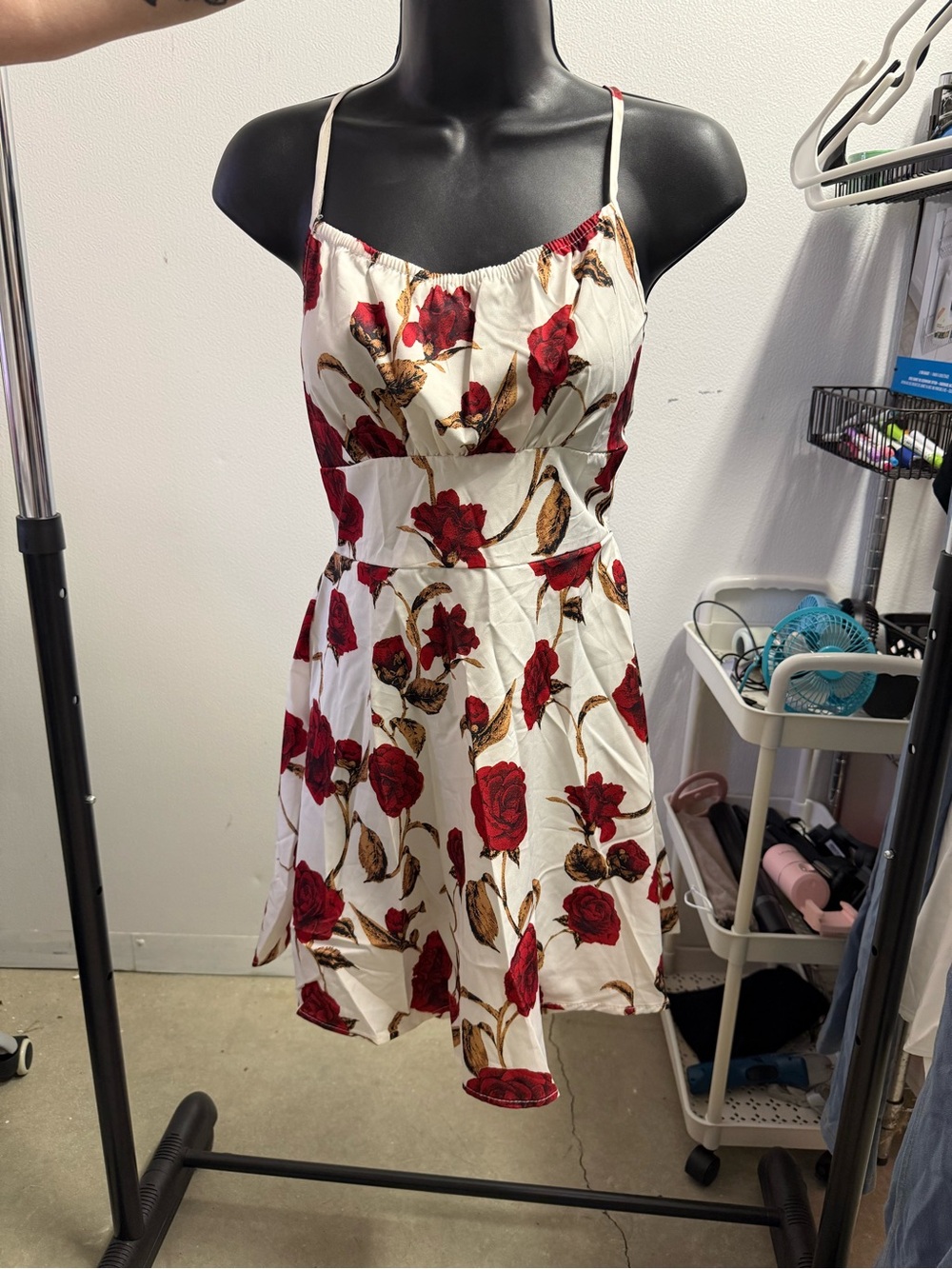 SHEIN White Spaghetti-Strap Dress with Red Rose Print